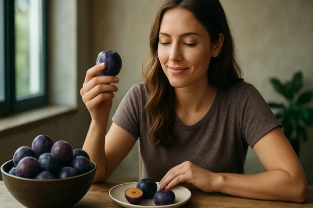 Žena s plodom slivky, ktorá sa usmieva, sedí pri stole.