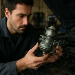 Mechanik skúma vákuový palivový kohút pre automobily.