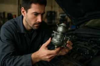 Mechanik skúma vákuový palivový kohút pre automobily.