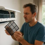 Muž kontroluje a čistí filter klimatizácie v domácnosti.