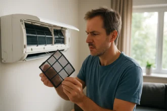 Muž kontroluje a čistí filter klimatizácie v domácnosti.