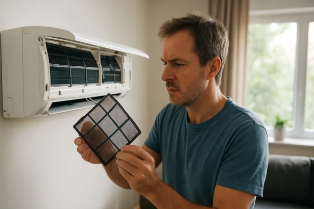 Muž kontroluje a čistí filter klimatizácie v domácnosti.