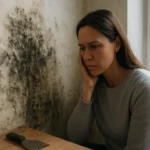 Žena so zlým pocitom pri plesnivých stenách v domácnosti.