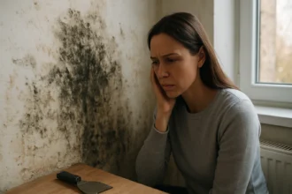 Žena so zlým pocitom pri plesnivých stenách v domácnosti.