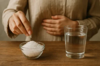 Žena pridáva horkú soľ do pohára s vodou na stolíku