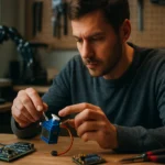 Muž pri práci s servomotorom a elektronickými súčiastkami.