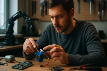 Muž pri práci s servomotorom a elektronickými súčiastkami.