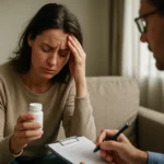 Žena diskutuje o vedľajších účinkoch antipsychotík so svojím lekárom.