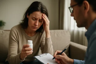 Žena diskutuje o vedľajších účinkoch antipsychotík so svojím lekárom.