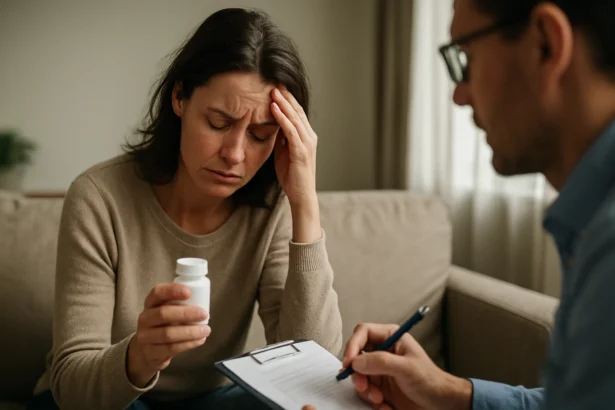 Žena diskutuje o vedľajších účinkoch antipsychotík so svojím lekárom.