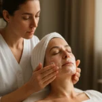 Žena dostáva profesionálnu pleťovú starostlivosť v salóne krásy.