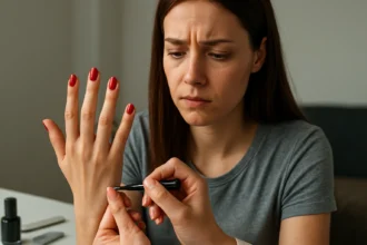 Žena so znepokojeným výrazom sa pozerá na svoje červené nechtíky, zatiaľ čo sa o ne starajú.