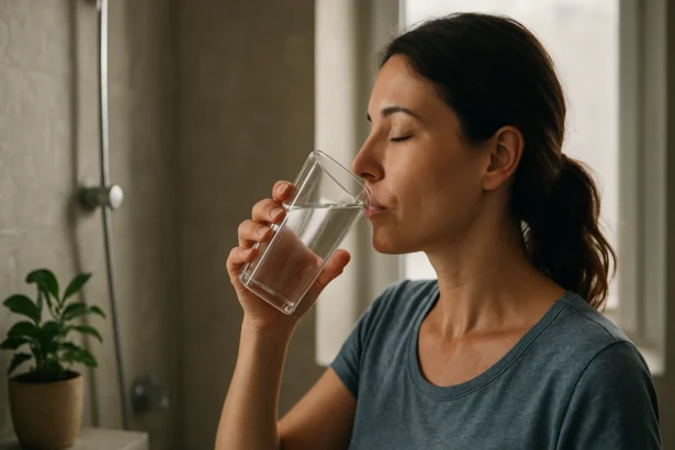 Žena pije vodu zo skleneného pohára v interiéri