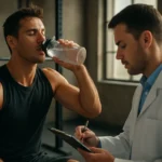 Muž cvičí a konzultuje so specialistom o IGF-1 a športovom výkone.