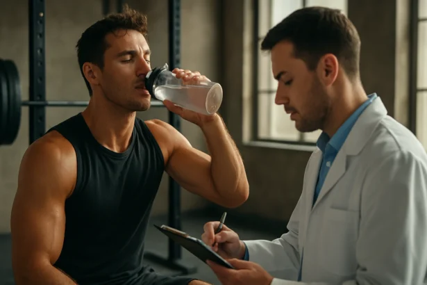 Muž cvičí a konzultuje so specialistom o IGF-1 a športovom výkone.