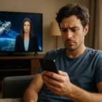 Muž sleduje satelitné správy na telefóne, TV so satelitom v pozadí.