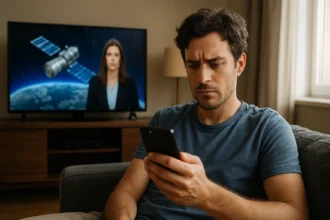 Muž sleduje satelitné správy na telefóne, TV so satelitom v pozadí.