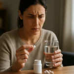 Žena váhajúca s užívaním aspirínu a vody