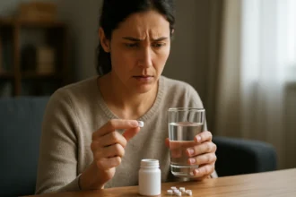 Žena váhajúca s užívaním aspirínu a vody