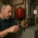 Technik kontroluje spätný ventil na kotli na zmiešané palivo.