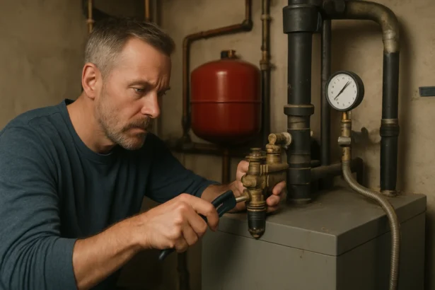 Technik kontroluje spätný ventil na kotli na zmiešané palivo.