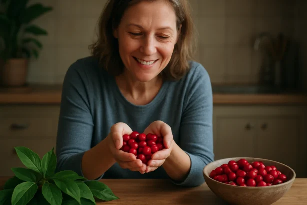 Žena s ovocím drieňa obyčajného v rukách a miske na stole.