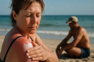 Žena sa opaľuje na pláži, natiera sa opaľovacím krémom.