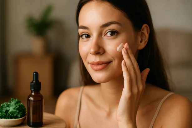 Žena nanášajúca pleťový krém s vitamínom K pre žiarivú pleť.