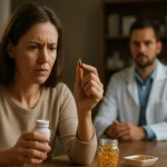 Žena znepokojená nad rybím olejom v ordinácii lekára.