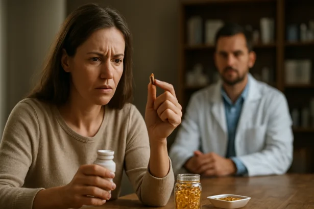 Žena znepokojená nad rybím olejom v ordinácii lekára.