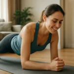 Žena cvičící plank v obývacím pokoji, radostně se usmívá.