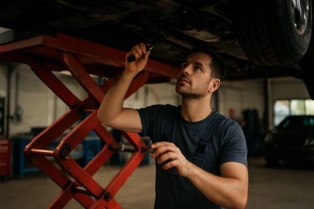 Mechanik kontroluje vozidlo na nožnicovom zdviháku