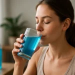 Žena pije modrú vodu z pohára, objavuje jej zdravie a krásu