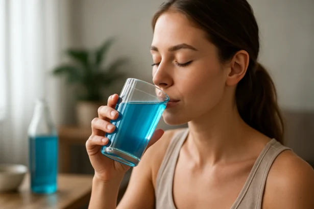 Žena pije modrú vodu z pohára, objavuje jej zdravie a krásu