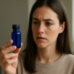 Žena skúma modrú fľaštičku s kobaltom pre zdravie.