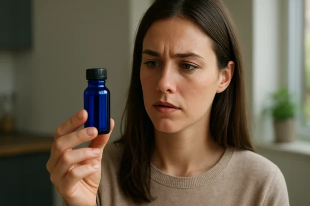 Žena skúma modrú fľaštičku s kobaltom pre zdravie.