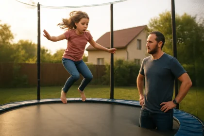 Dievča si užíva skákanie na trampolíne s dozorom dospelej osoby.