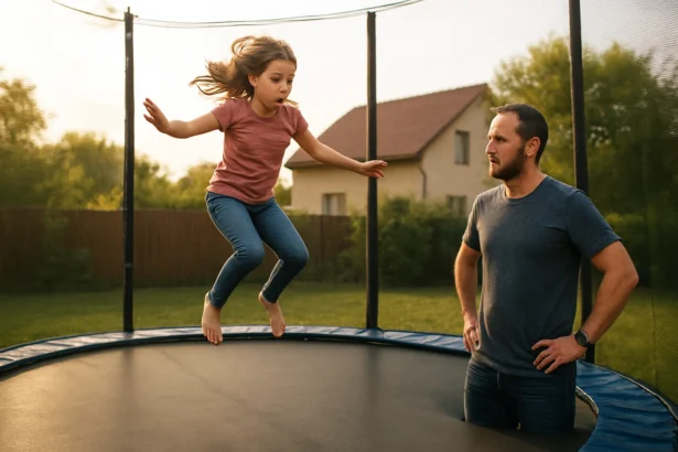 Dievča si užíva skákanie na trampolíne s dozorom dospelej osoby.