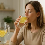 Žena pije vodu s citrónmi pre zlepšenie zdravia