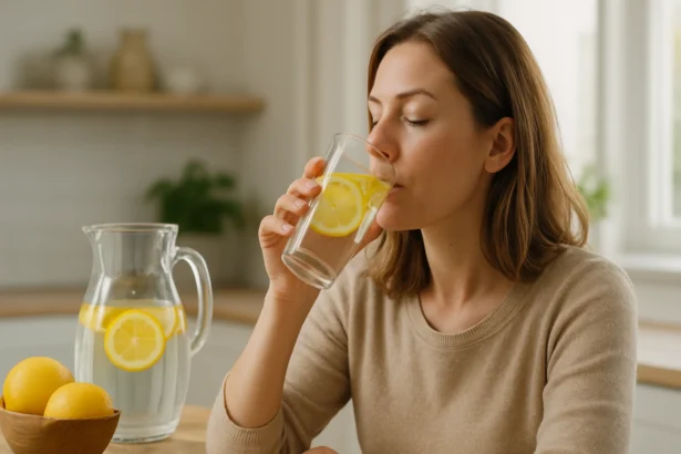 Žena pije vodu s citrónmi pre zlepšenie zdravia