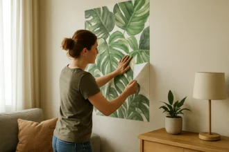 Žena aplikuje zelené nálepky na stenu v obývacej izbe.