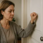 Žena klopká na dvere, zameraná na techniku zmiernenia stresu.