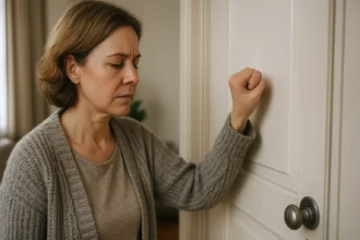 Žena klopká na dvere, zameraná na techniku zmiernenia stresu.