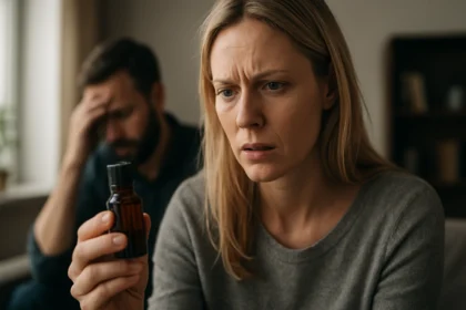 Žena sa pozerá na fľašu Phantomalu s výrazom úzkosti a prekvapenia.