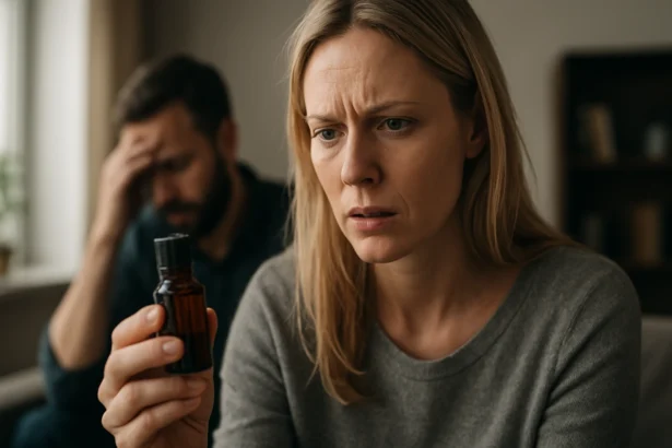 Žena sa pozerá na fľašu Phantomalu s výrazom úzkosti a prekvapenia.