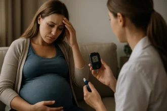 Tehotná žena trpiaca nízkou hladinou cukru v krvi s lekárom.