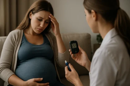 Tehotná žena trpiaca nízkou hladinou cukru v krvi s lekárom.