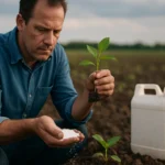 Muž skúma kvalitu pôdy a rastlín so snehobielym práškom.