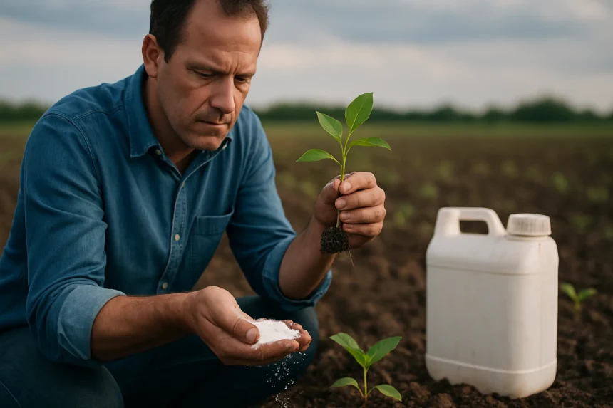 Muž skúma kvalitu pôdy a rastlín so snehobielym práškom.