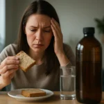 Žena s úzkosťou pri jedení chleba a pohári vody, vedľa fľaša